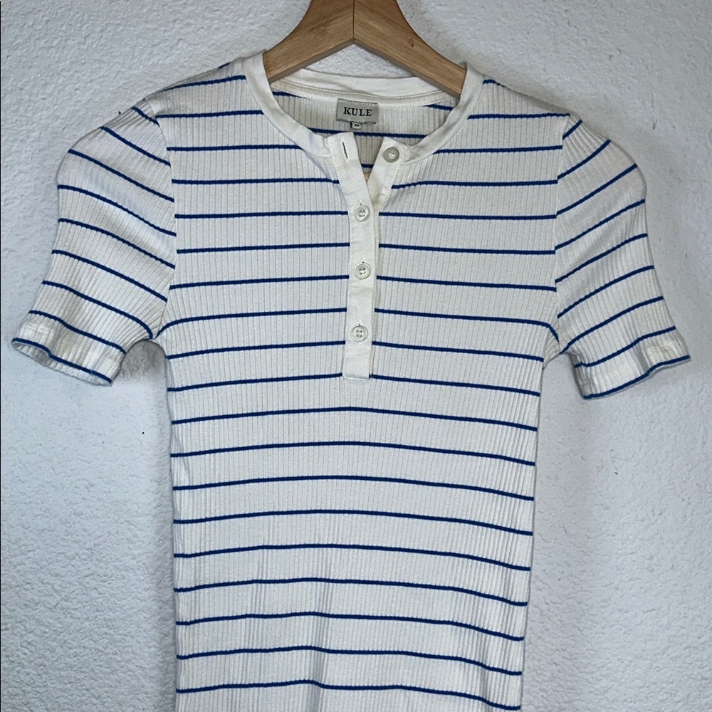 Kule Berri Dress Cream Blue Ribbed Striped Mini Womens XS Stretchy - Picture 4 of 10